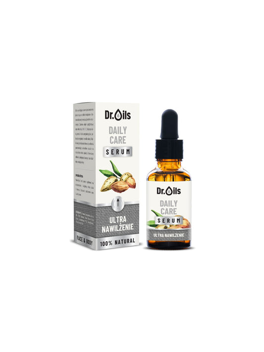 Flüssiges Dr. Oils Serum für tägliche Pflege in 10 ml Flasche, von Dystrybutor Biogo.pl, zeigt die Verpackung und Dosierung.