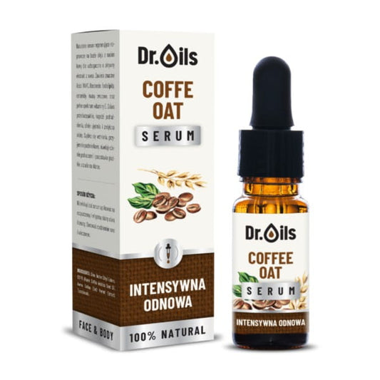 Flasche mit 10 ml Dr. Oils Kaffee-Hafer Serum, biologisch, für Hautpflege, auf weißem Hintergrund.