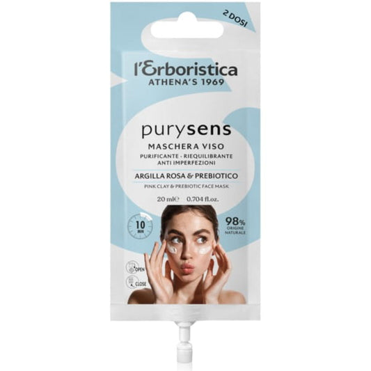 L'Erboristica Purysens Gesichtsmaske in 20 ml, cremige Textur, für reine und gepflegte Haut, auf einem weißen Hintergrund.