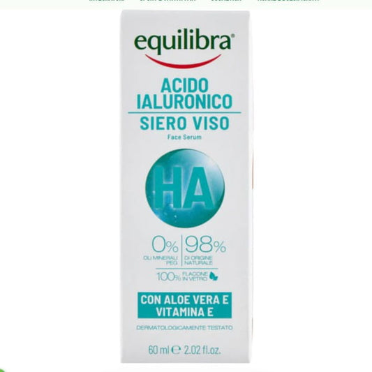 Gesichtsserum mit Hyaluronsäure von Equilibra, flüssige Pflege in einer 60 ml Flasche, für feuchtigkeitsreiche Haut.