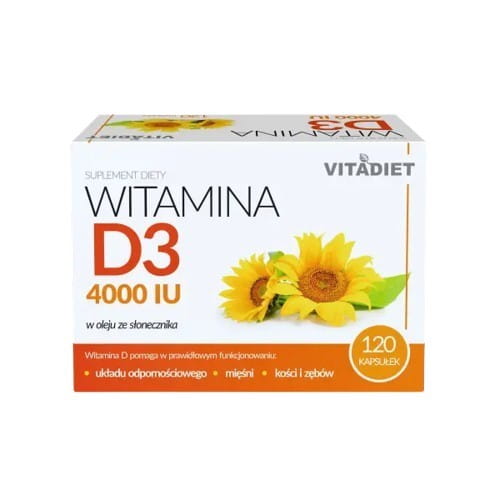 Vitadiet Akavit Vitamin D3 4000 IU in 120 Kapseln, braune Kapseln in einer Verpackung, für Vitamin D3 Ergänzung