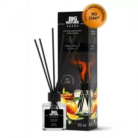 Großer Nature Duftender Diffusor Orange, 50 ml, zeigt den dekorativen Flakon mit orangefarbener Flüssigkeit und Natur-Design.