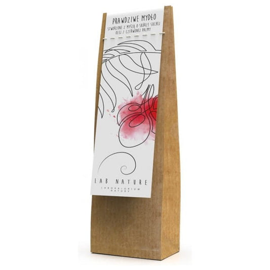 Rote Palmseife von Lab Nature für trockene Haut, natürliche Handseife in stilvoller Verpackung, ideal für trockene Hautpflege.