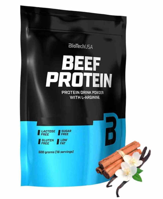 BioTech USA Rindfleischprotein Vanille-Zimt Geschmack, 500g Packung, Nahaufnahme der Verpackung und Produktbeschreibung