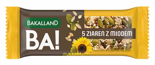 Bakalland BA! 5 Ziaren Müsliriegel mit Honig, 40g, Nahaufnahme der Riegel mit sichtbaren Körnern und Honig.