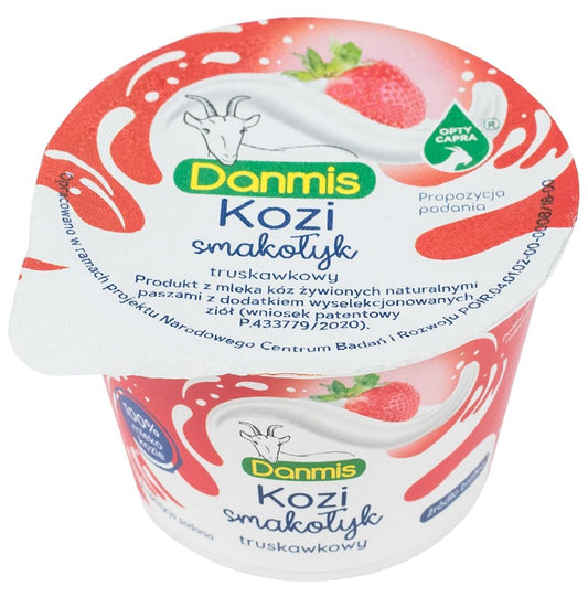 Ziegenstrubsbeere Süß von DANMIS, 100 g, cremiger Käse aus Ziegenmilch mit fruchtigem Geschmack, auf weißem Hintergrund.