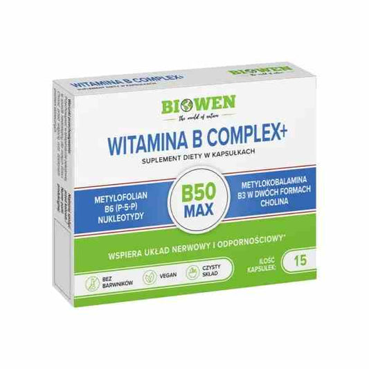 Biowen Vitamin B-Komplex+ in 15 Kapseln, Nahrungsergänzungsmittel mit B-Vitaminen, zeigt die Kapseln in der Verpackung