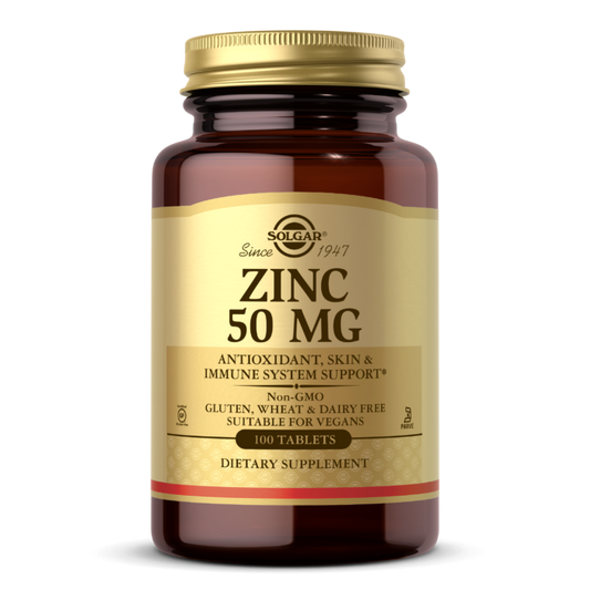 Zink 50 mg Tabletten von Solgar, natürliche Nahrungsergänzung, 100 Stück auf weißem Hintergrund.