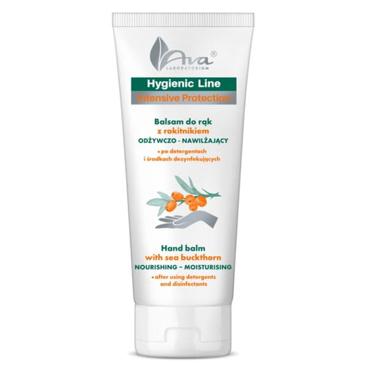 Handlotion von BIOGO.PL mit Sanddorn aus der AVA Hygienic Line, zeigt die Flasche mit Sanddorn-Extrakt und praktischem Pumpspender.