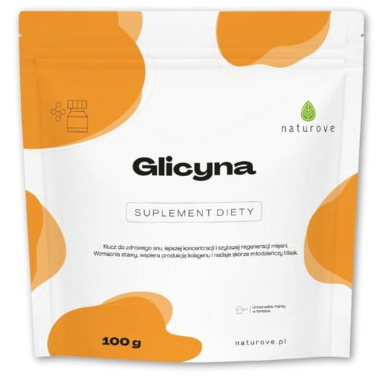 BioGo.PL Naturove Glycin Pulver 100 g in einer transparenten Schale, zeigt weißen, feinen Glycinpulver.