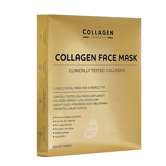 Hautpflegende Kollagen-Gesichtsmasken von The Collagen Company, 5 Stück, für strahlende Haut, auf einem weißen Hintergrund.