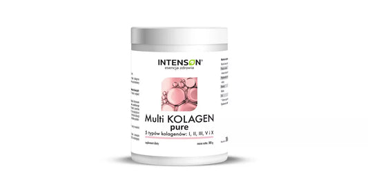 Intenson Multi Collagen pur in 300 g Dose, weißes Pulver, ideal für Haut, Haare und Gelenke, von BIOGO.PL.