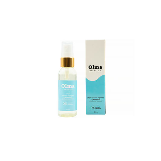 Argan-Mandel-Öl von Olma Cosmetics mit Vitamin E gegen Falten, 50 ml, in dunkler Flasche, auf weißem Hintergrund