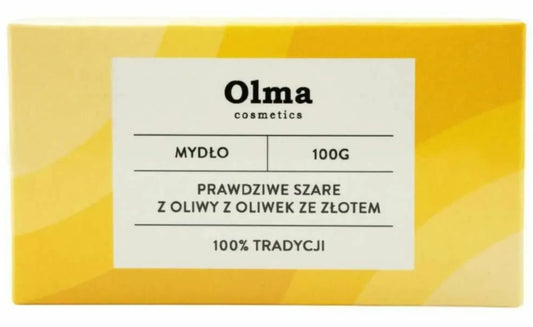 Bio Olma Cosmetics True Grey Olivenölseife mit Gold, 100 g, mit goldfarbenen Akzenten und eleganter Verpackung, detailreiche Nahaufnahme