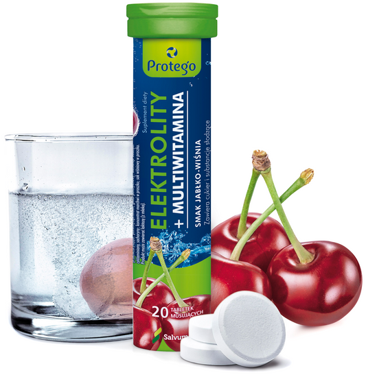 Protego Elektrolity+ Multivitamin Apfel-Kirsche Brausetabletten, 20 Stück, vitaminreiche Nahrungsergänzung in Tablettenform