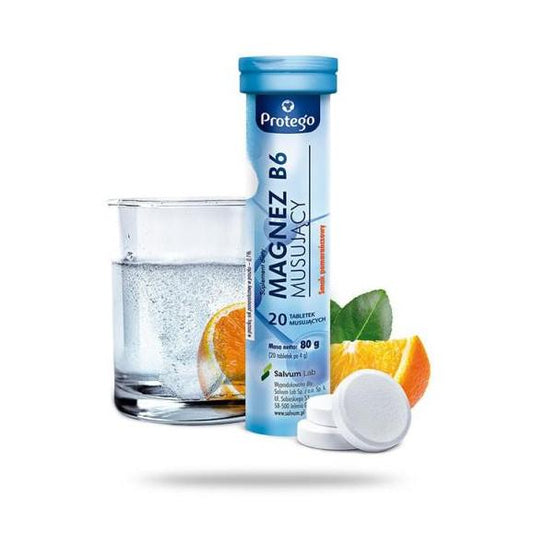 Protego Magnesium B6 Brausetabletten mit Orangengeschmack, 20 Stück, in einer Packung, natürliche Nahrungsergänzung von BIOGO.PL