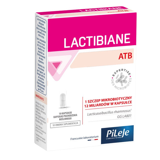 Probiotische Kapseln von PILEJE Lactibiane ATB, 10 Stück, für eine gesunde Darmflora, präsentiert in einer Packung.