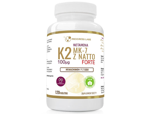 Fortschritt Labs Vitamin K2 MK-7 Tabletten in einer weißen Packung, Nahaufnahme der Verpackung.