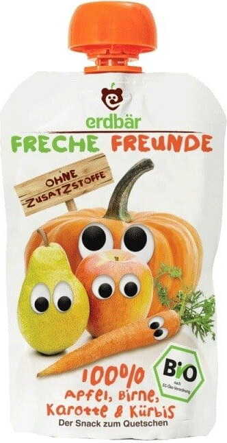 Auspresspaste für Kinder: Apfel, Birne, Möhre, Kürbis, 100 g, Bio, Freche Freunde, Erdbar MHD: 12-2026