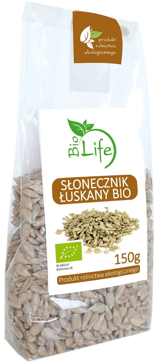 Geschälte Sonnenblumenkerne in Bio-Qualität von BIO LIFE, 150g, auf weißem Hintergrund.