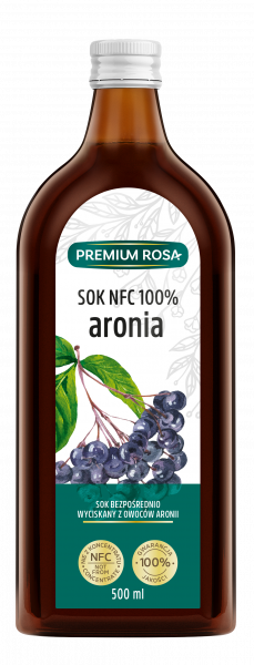 Dunkle Flasche mit 500 ml PREMIUM ROSA Aroniasaft, natürlicher Saft in einer transparenten Flasche.
