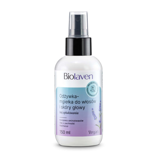 BIOLAVEN Haar- und Kopfhautnebel Conditioner in 150 ml Flasche, sichtbarer Pumpzerstäuber und transparente Verpackung.