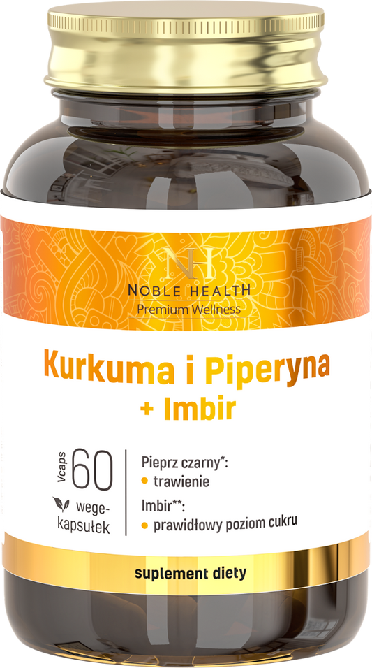 Noble Health Kurkuma, Piperin und Ingwer Kapseln, 60 Stück, Nahrungsergänzungsmittel in Gelbkapseln, natürliche Inhaltsstoffe