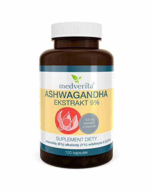 Hochwertige Medverita Ashwagandha Kapseln mit 9% Withanolide, 120 Stück, für Wohlbefinden und Stressabbau, in dunkler Verpackung