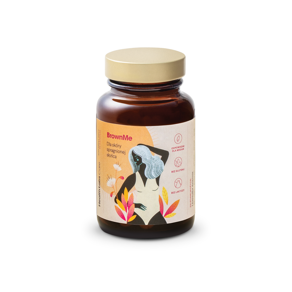 Braune Kapseln von Health Labs Care BrownMe, 30 Stück, in einer offenen Verpackung, mit natürlichen Inhaltsstoffen.