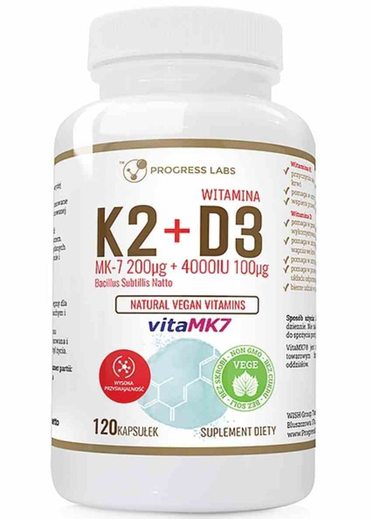Veganer K2 MK-7 + D3 4000IU mit L-Leucin in 120 Kapseln, Progress Labs, Nahrungsergänzungsmittel in Verpackung