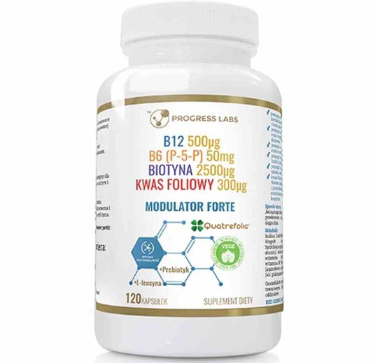 Fortschritt Labs Modulator Forte 120 Kapseln, braune Kapseln in einer Packung, Produktbild vor neutralem Hintergrund