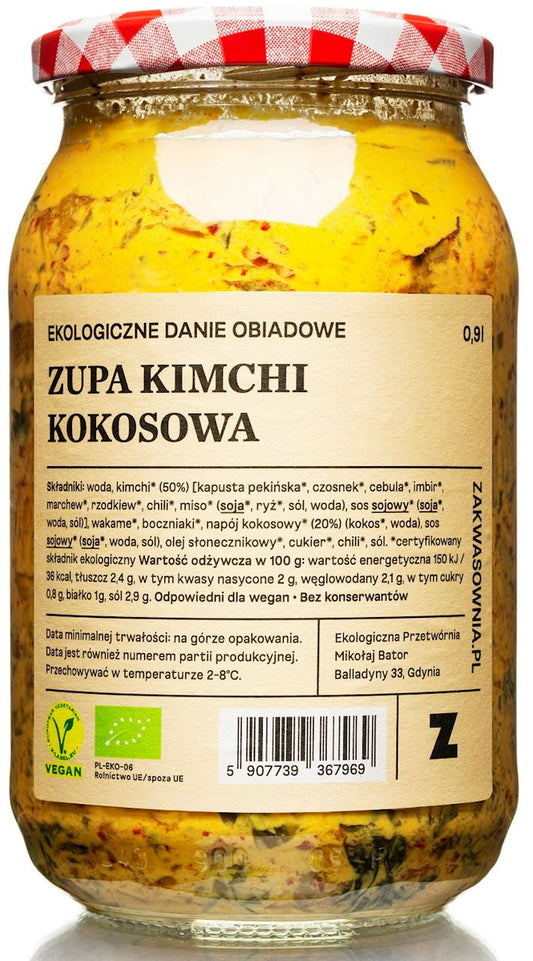 Bio Kokos-Kimchi-Suppe von ZAKWASOWNIA in einer 900 ml Schüssel mit frischen Zutaten, cremiger Kokosnuss und würzigem Kimchi.