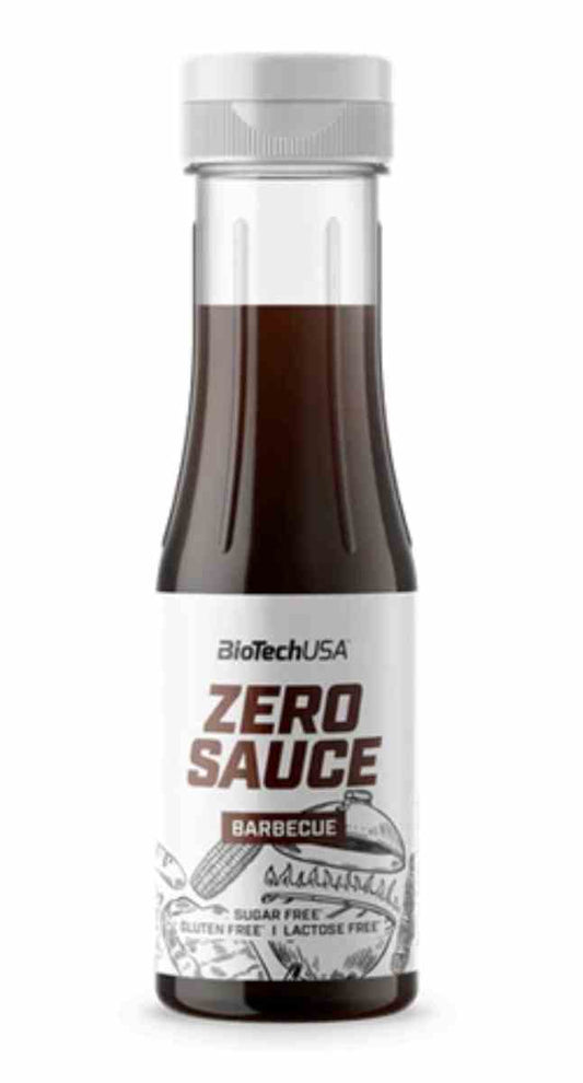 BioTech USA Null Soße Barbecue in 350ml Flasche, glutenfrei und zuckerfrei, ideal für Grillgerichte, auf dem Tisch stehend