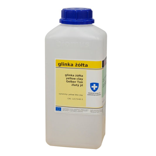 Gelber Ton in 250g Verpackung von BIOMUS, natürliche Tonerde für Bastel- und Schönheitsanwendungen, gezeigte Verpackung und Ton.