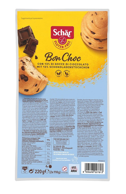 Schär Bonbuttrollen mit Schokostückchen, glutenfrei, 220 g, goldene Verpackung, leckere Schokoladenriegel auf dem Bild