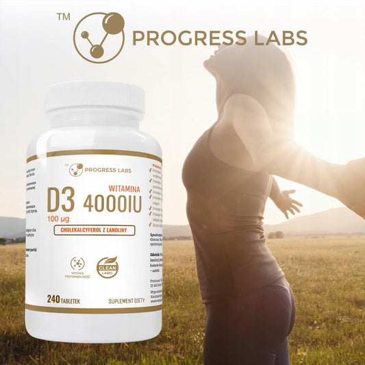 Fortschritt Labs Vitamin D3 4000IU Tabletten in einer weißen Verpackung, zeigt 240 Tabletten für die tägliche Ergänzung.