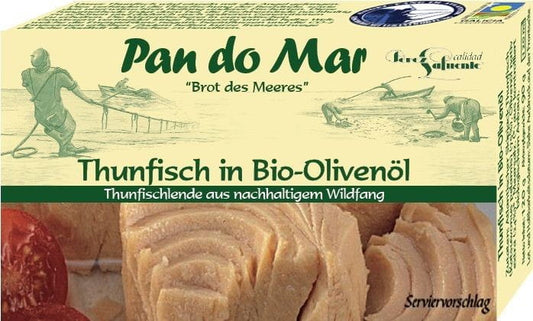 Dosen mit BONITO Thunfisch in Bio-Öl Extra Virgin von PAN DO MAR, 120 g, zeigt den geöffneten Fisch in Öl auf weißem Hintergrund.
