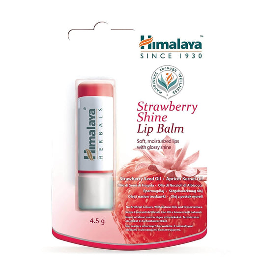 Himalaya Lippenbalsam Erdbeerglanz in 4,5 g Verpackung, glättet und pflegt die Lippen mit fruchtigem Erdbeerduft.