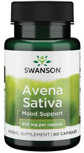 Haufen mit 60 Swanson Avena Sativa Kapseln in einer weißen Verpackung, Naturprodukt für Gesundheit und Wohlbefinden.