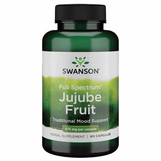 Jujube Frucht in 60 Kapseln, Swanson Health Products, Nahaufnahme der Kapseln und frischer Jujube Frucht in der Verpackung