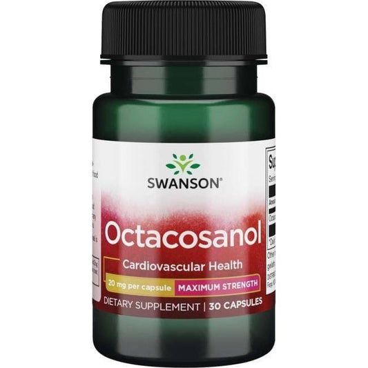 Octacosanol 30 Kapseln von Swanson Health Products, Nahrungsergänzungsmittel für Energie und Vitalität, in einer weißen Verpackung.