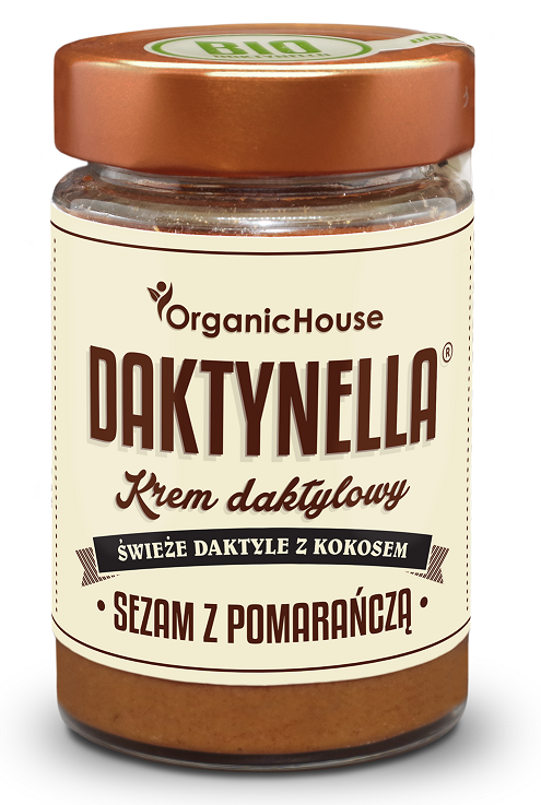 Glutenfreie Kokosnuss-Daktyl-Creme mit Sesam und Orange von organic house, 190 g, in Glasdose, cremig und aromatisch.