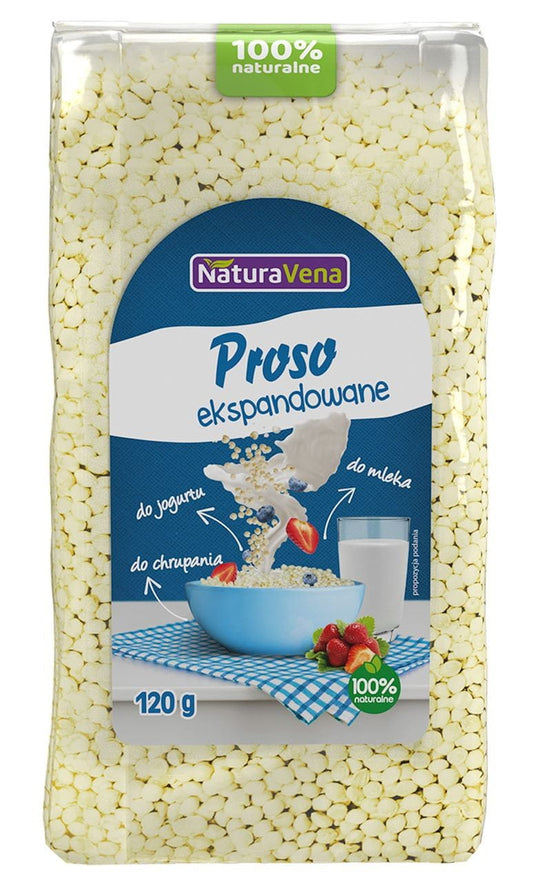 NaturaVena PROSO EXPRESSED 120 g Naturavena Packung mit Getreidebrei aus natürlichen Zutaten, Nahaufnahme der Verpackung