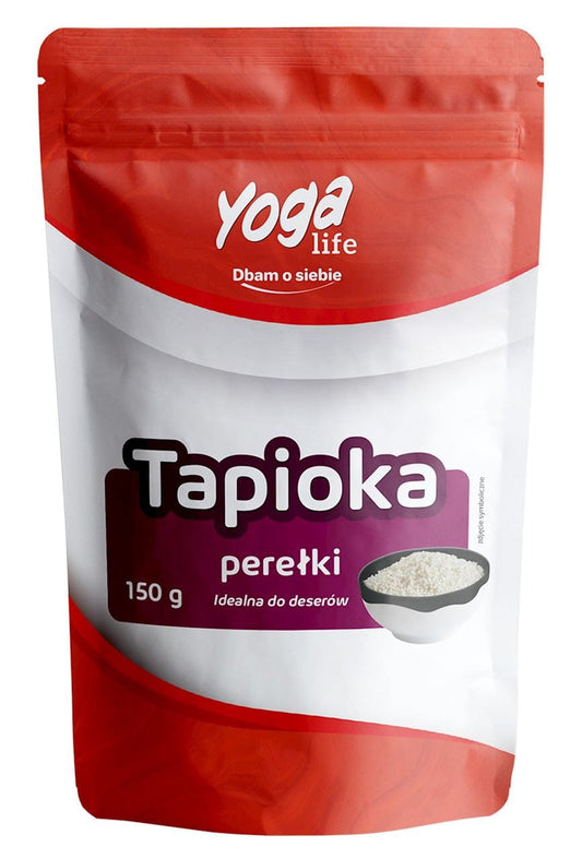YOGA LIFE Tapioka-Perlen, 150 g, weiße, runde Tapioka-Perlen in einer transparenten Schüssel auf einem Holztablett