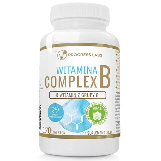 Fortschritt Labs Vitamin B-Komplex Tabletten in einer weißen Packung, Nahaufnahme der Tabletten für gesunde Nerven und Energie.