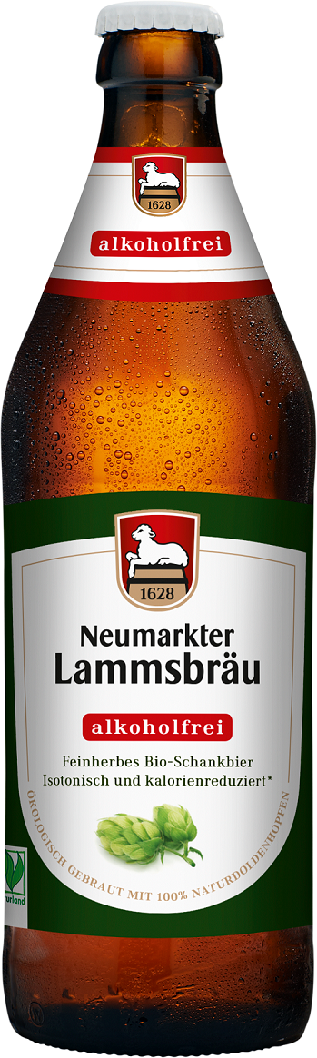Alkoholfreies Bio-Bier von NEUMARKTER LAMMSBRAU in 500 ml Flasche, goldene Farbe und schaumiger Kopf.