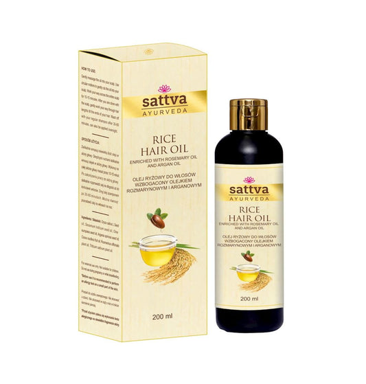 Reisöl mit Rosmarin und Arganöl, 200 ml, SATTVA, zeigt Flasche mit natürlichem Reis- und Kräuterextrakt in der Verpackung