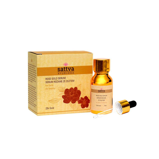 Gesichtsserum mit Roségold von SATTVA, 15 ml Flasche, zeigt das elegante Fläschchen mit silbernem Verschluss und roségoldenem Serum.