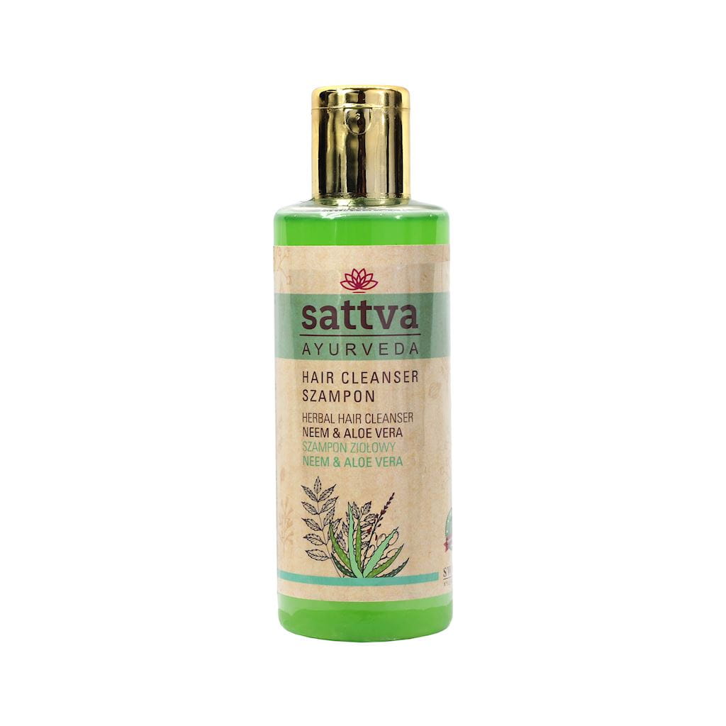 Kräuter-Haarshampoo NEEM & ALOE von SATTVA in 210 ml Flasche, zeigt das Shampoo mit Kräuterextrakten und grüner Verpackung