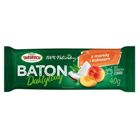 Dattelriegel mit Kokosnuss und Aprikosen von TAR-GROCH-FIL, 40 g, zeigt den Riegel mit Kokos und Aprikosen auf Verpackung